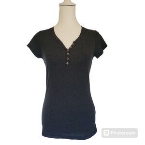 Trendy Rue 21 Black Short Sleeve Flattering- Form Fitting- Henley Top for Women